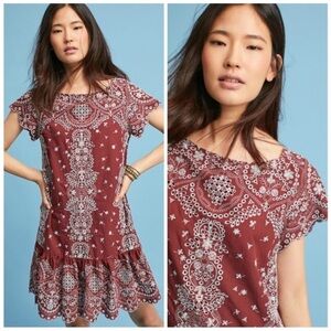 Anthropologie Feather Bone Ynez Tunic Dress Embroidered Red Size S